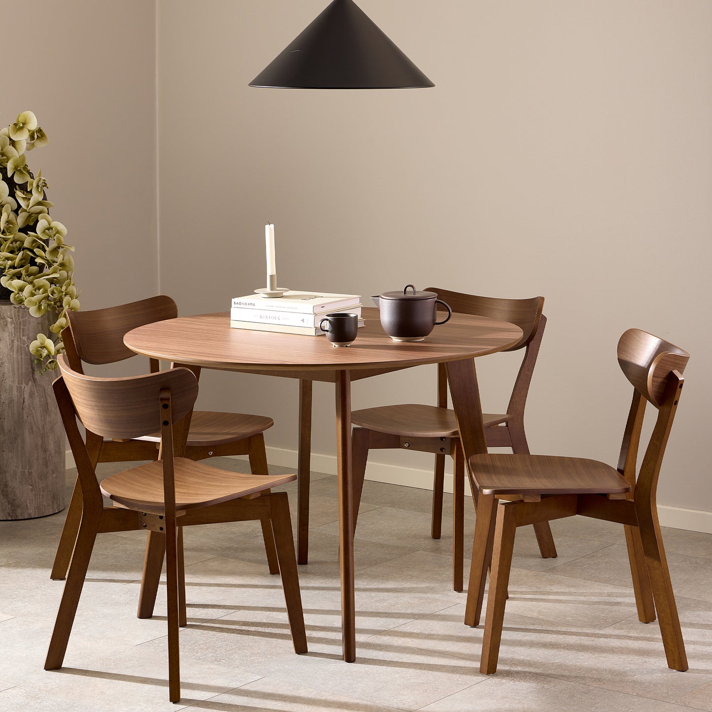 Roxby Round Dining Table in Walnut Set 4 Walnut Chairs
