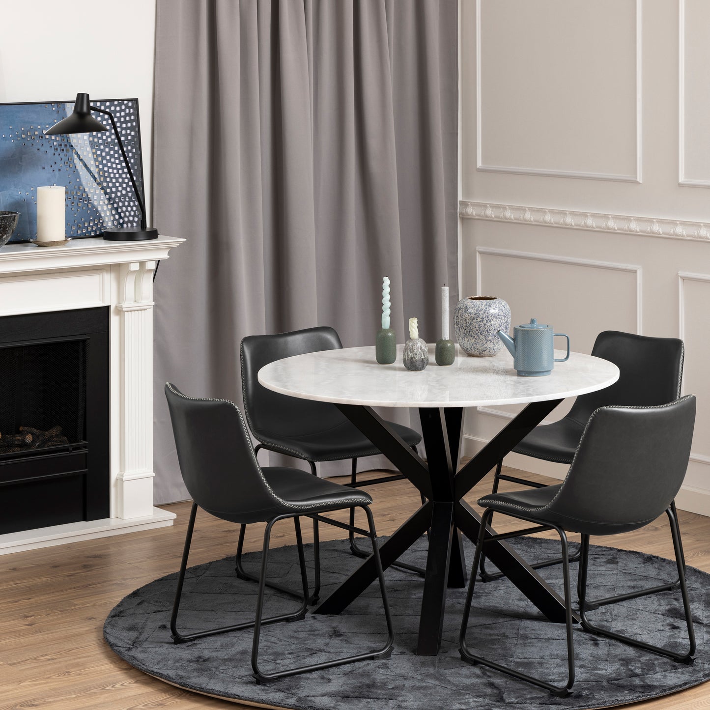 Heaven Round Dining Table with White Polished Marble Top Set 4 Black with Cream Stitching Chairs