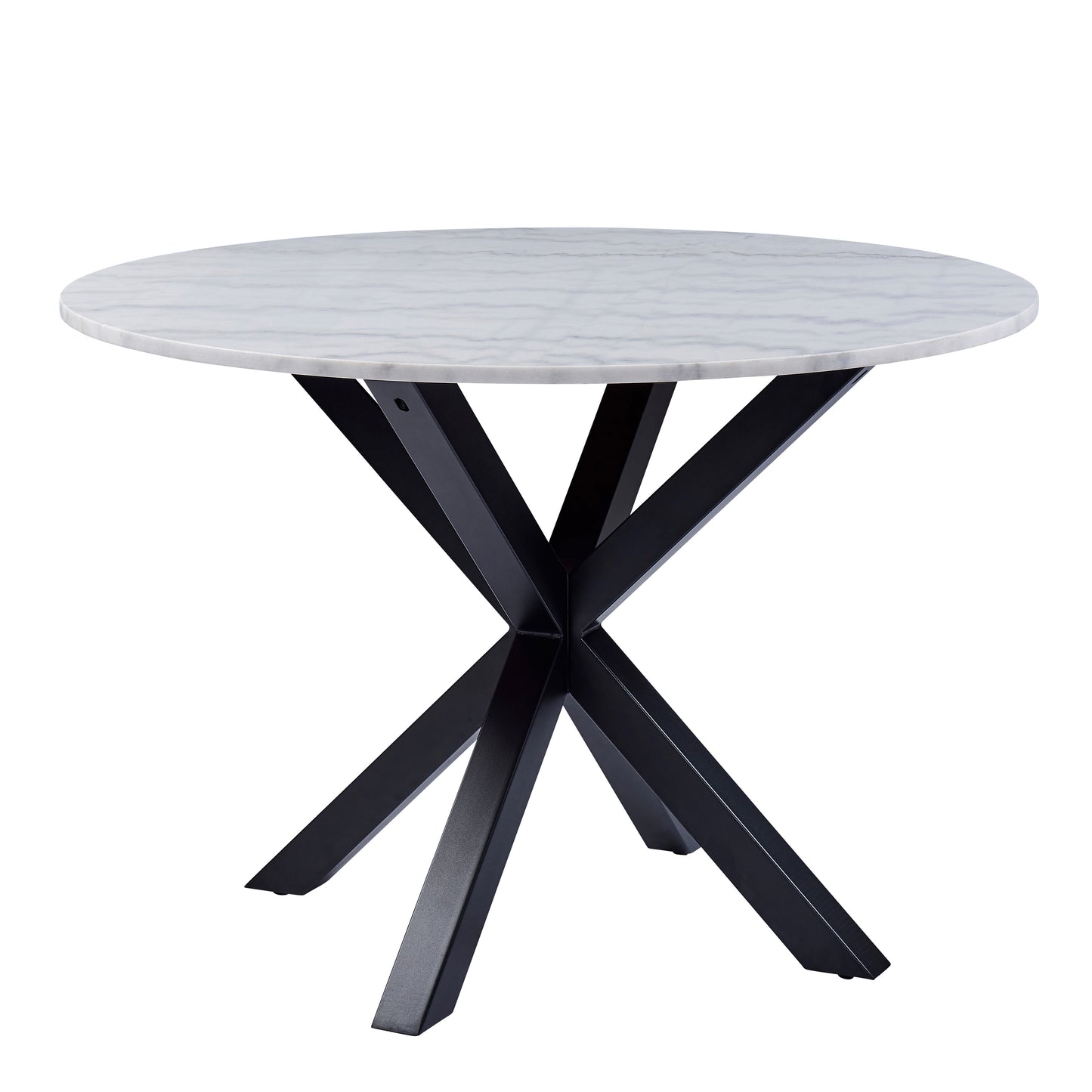 Heaven Round Dining Table with White Polished Marble Top Set 4 Black with Cream Stitching Chairs