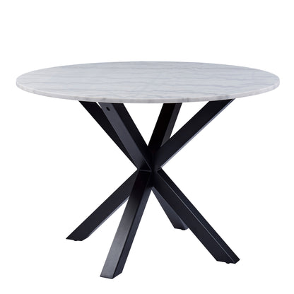 Heaven Round Dining Table with White Polished Marble Top Set 4 Black with Cream Stitching Chairs