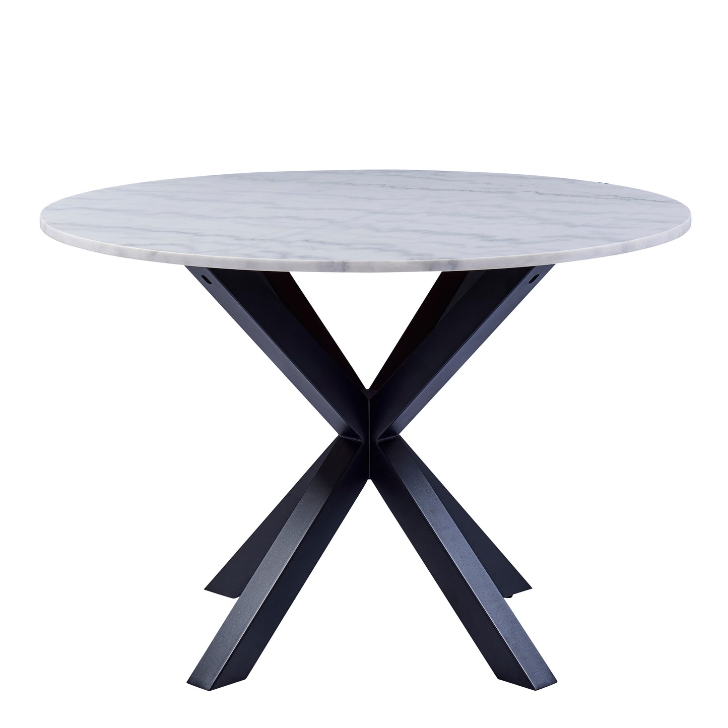 Heaven Round Dining Table with White Polished Marble Top Set 4 Black with Cream Stitching Chairs