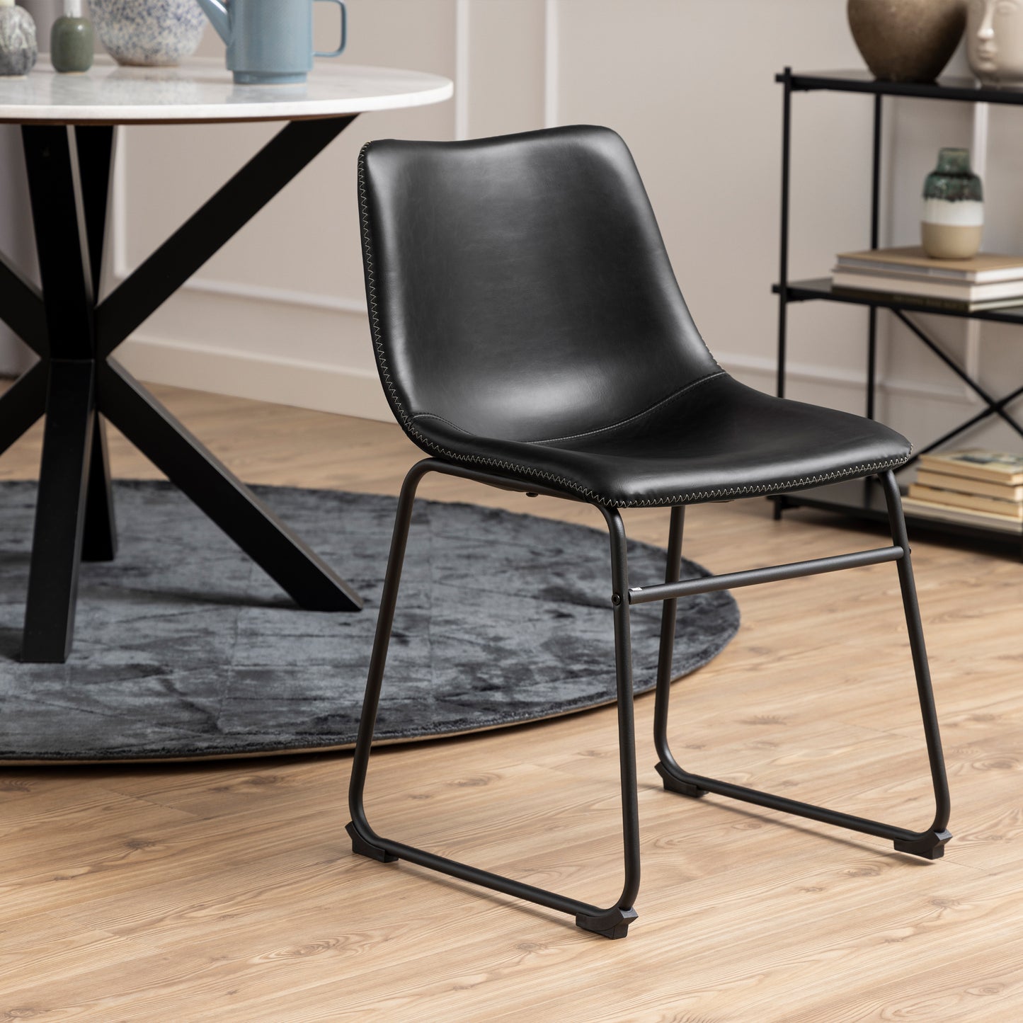 Heaven Round Dining Table with White Polished Marble Top Set 4 Black with Cream Stitching Chairs