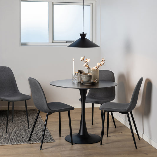 Malta Ceramic Round Dining Table in Black Set 4 Light Grey Chairs