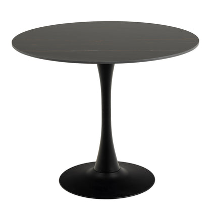 Malta Ceramic Round Dining Table in Black Set 4 Light Grey Chairs