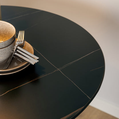 Malta Ceramic Round Dining Table in Black Set 4 Light Grey Chairs