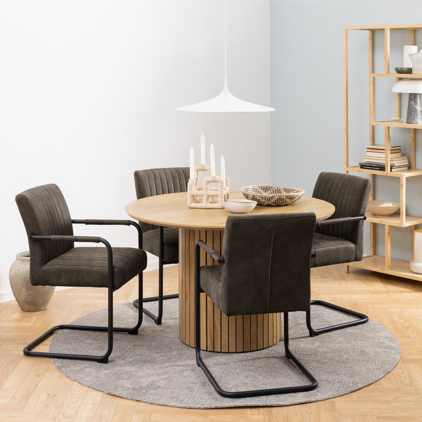 Yale Dining Table in Oak Set 4 Grey Fabric Chairs