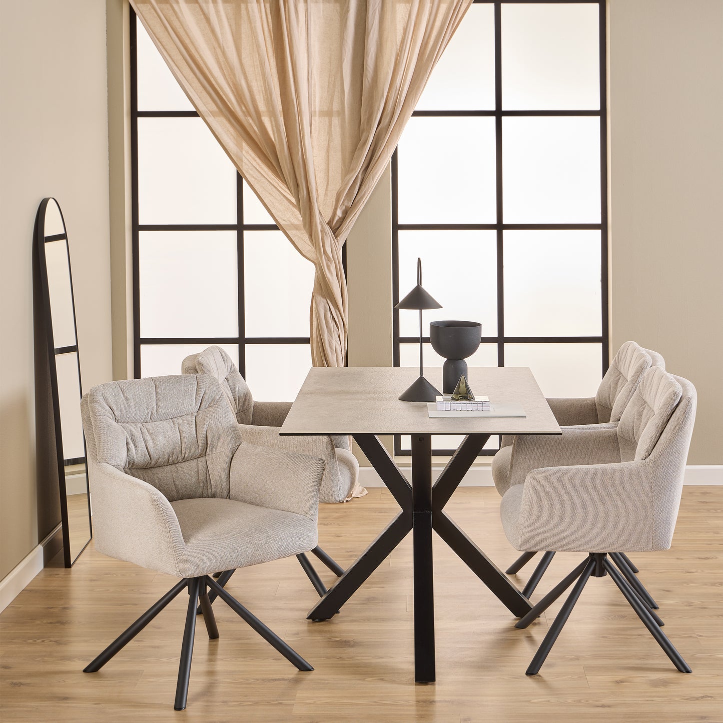 Heaven Dining Table with Ceramic White Top includes 4 Alonso Swivel Cream Dining Chairs with Armrest