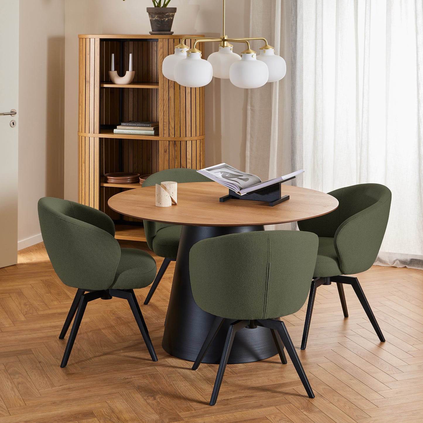 Soli Round Dining Table in Oak/Black Set 4 Green Chairs