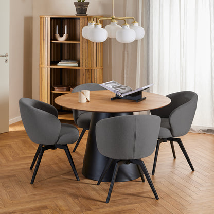 Soli Round Dining Table in Oak/Black Set 4 Grey Chairs