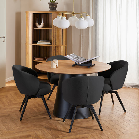Soli Round Dining Table in Oak/Black Set 4 Black Chairs