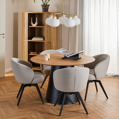 Soli Round Dining Table in Oak/Black Set 4 Beige Chairs