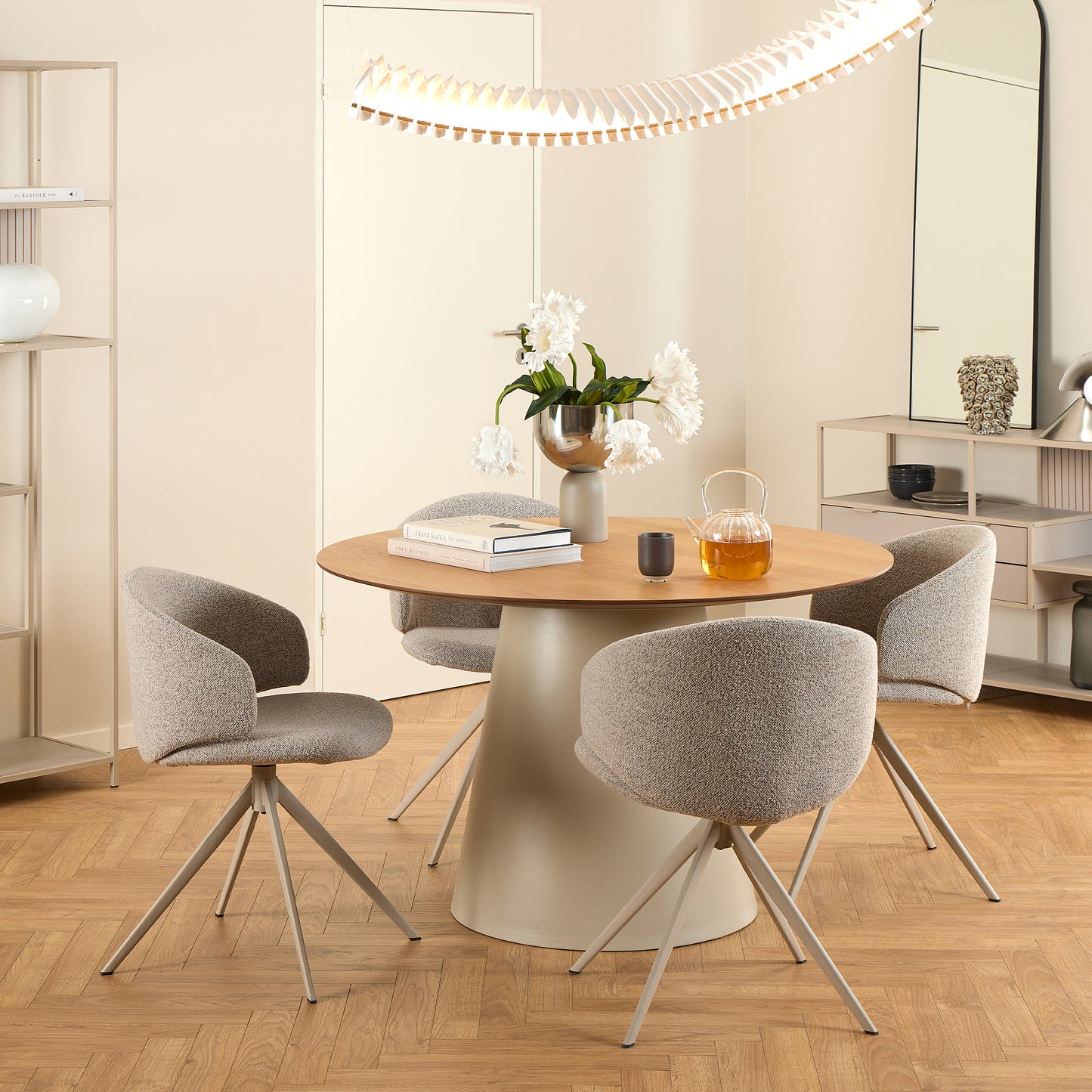 Soli Round Dining Table in Oak/Grey includes 4 Ella Swivel Beige Dining Chairs