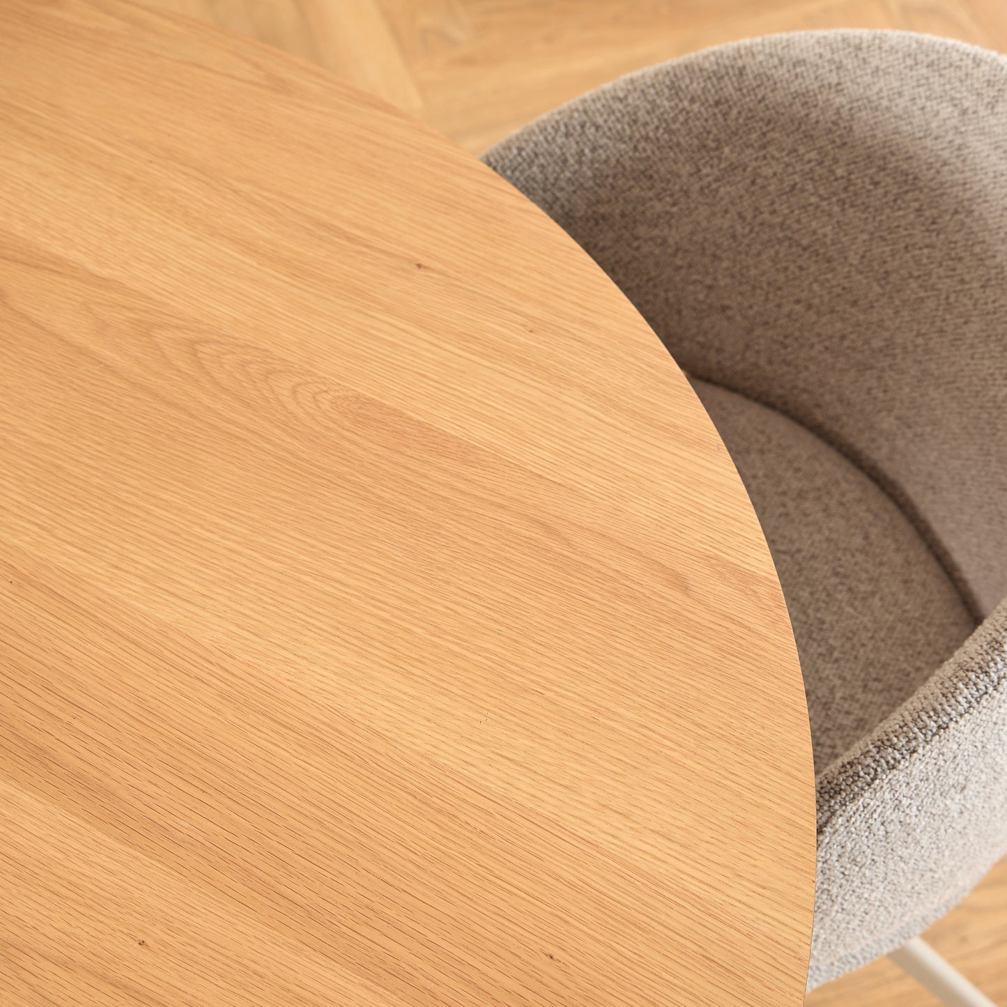 Soli Round Dining Table in Oak/Grey includes 4 Ella Swivel Beige Dining Chairs