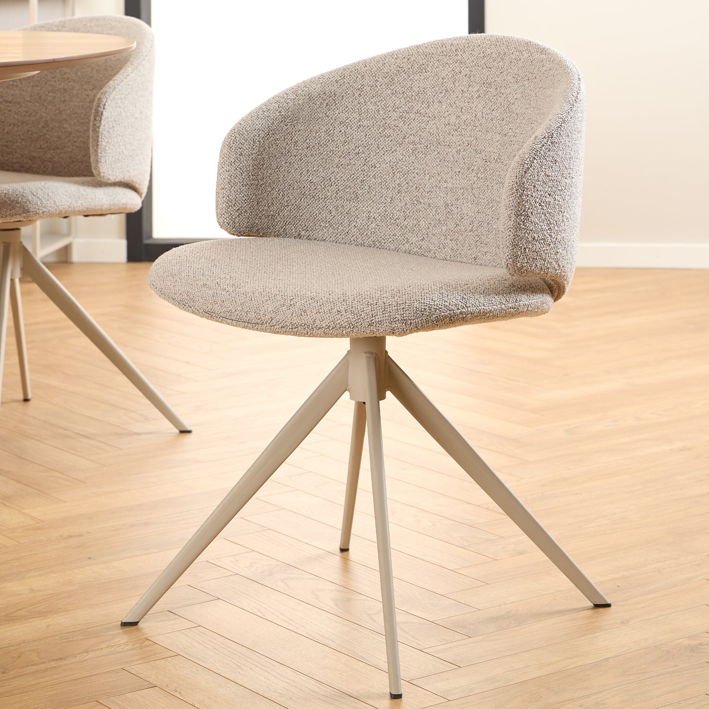Soli Round Dining Table in Oak/Grey includes 4 Ella Swivel Beige Dining Chairs