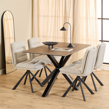 Heaven Dining Table with Ceramic Rusty Brown Top includes 4 Dean Beige Swivel Dining Chairs