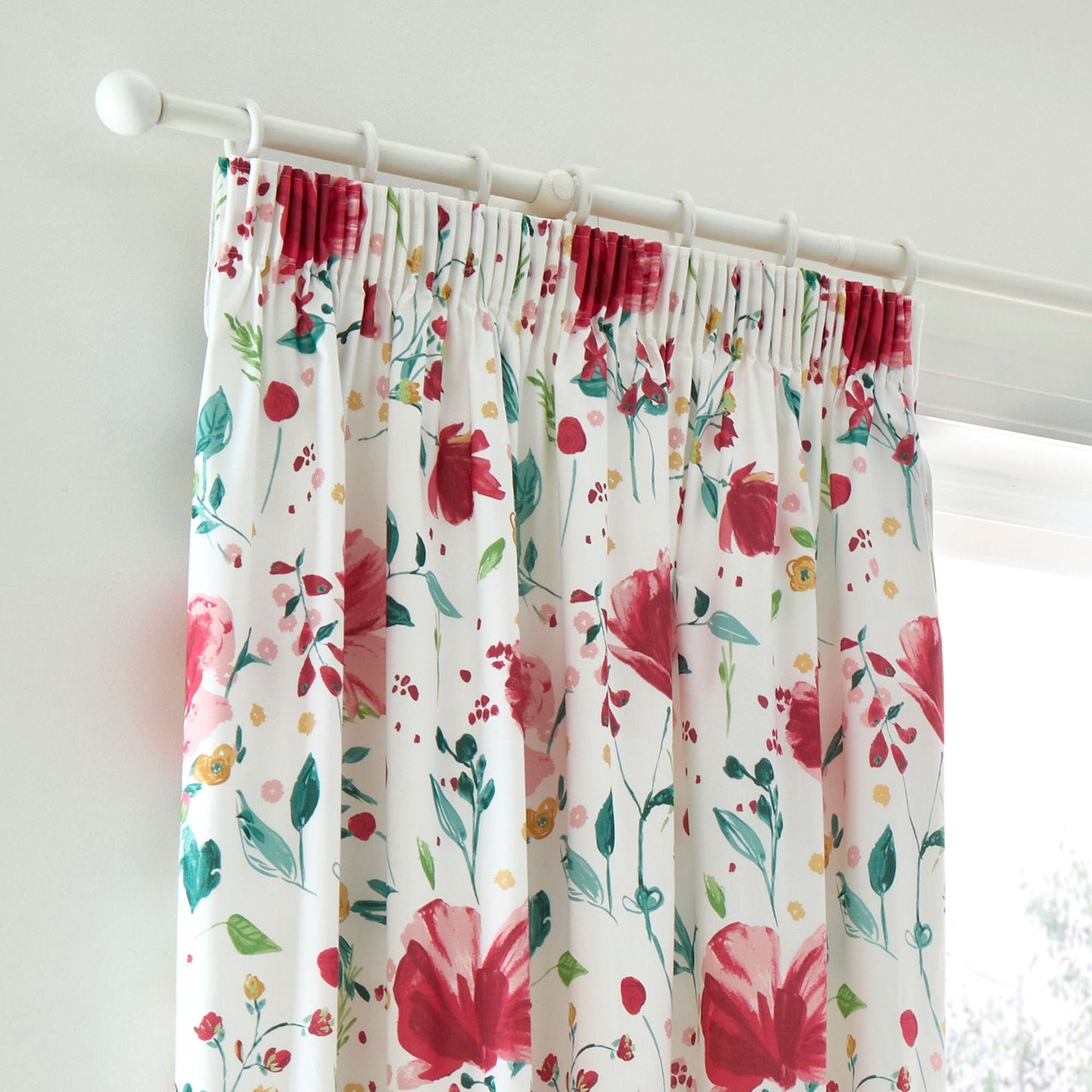 Abstract Poppy Pair of Pencil Pleat Curtains in Red
