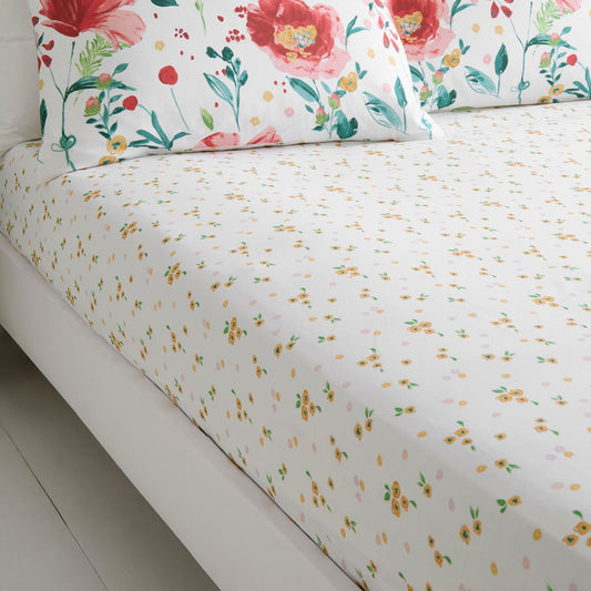 Abstract Poppy Fitted Bed Sheet in White