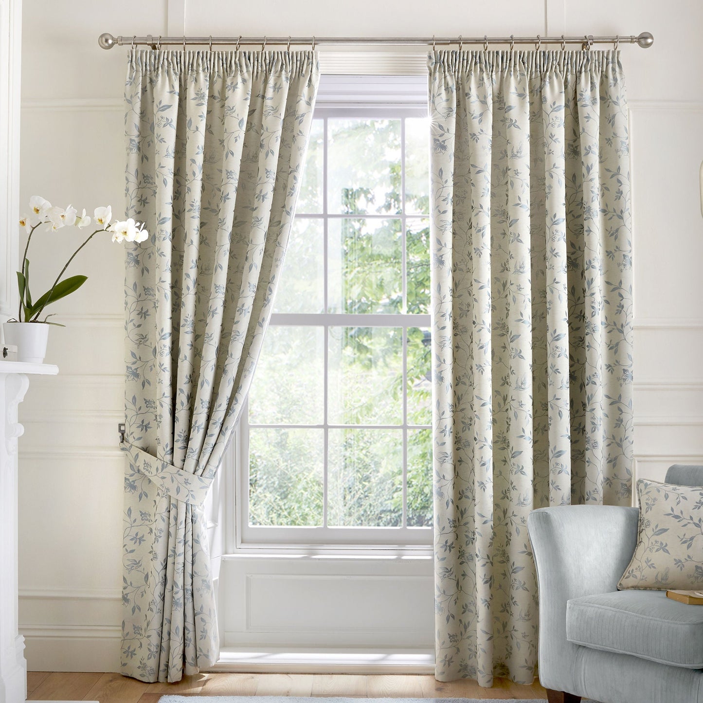 Bird Trail Curtain Tiebacks in Duck Egg