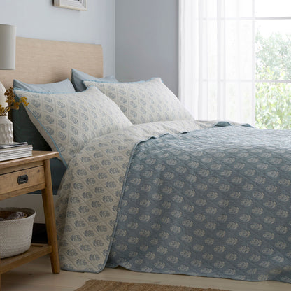 Block Floral Bedspread in Blue