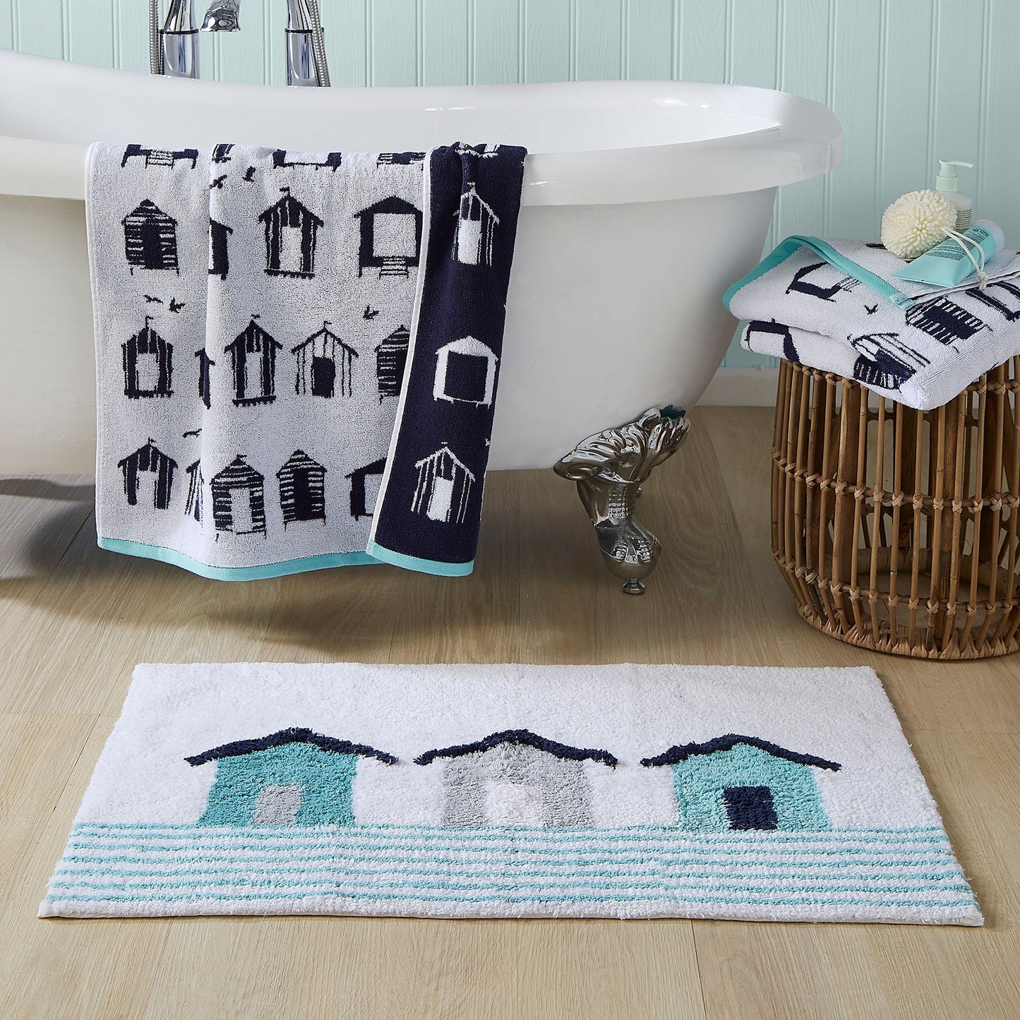Beach Huts Bath Mat in Blue