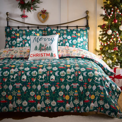 Christmas Ornaments Duvet Cover Set in Green