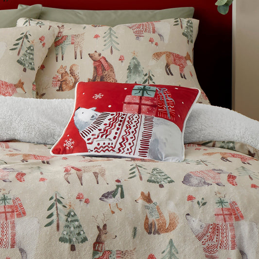 Christmas Woodland Animals Cushion in Red
