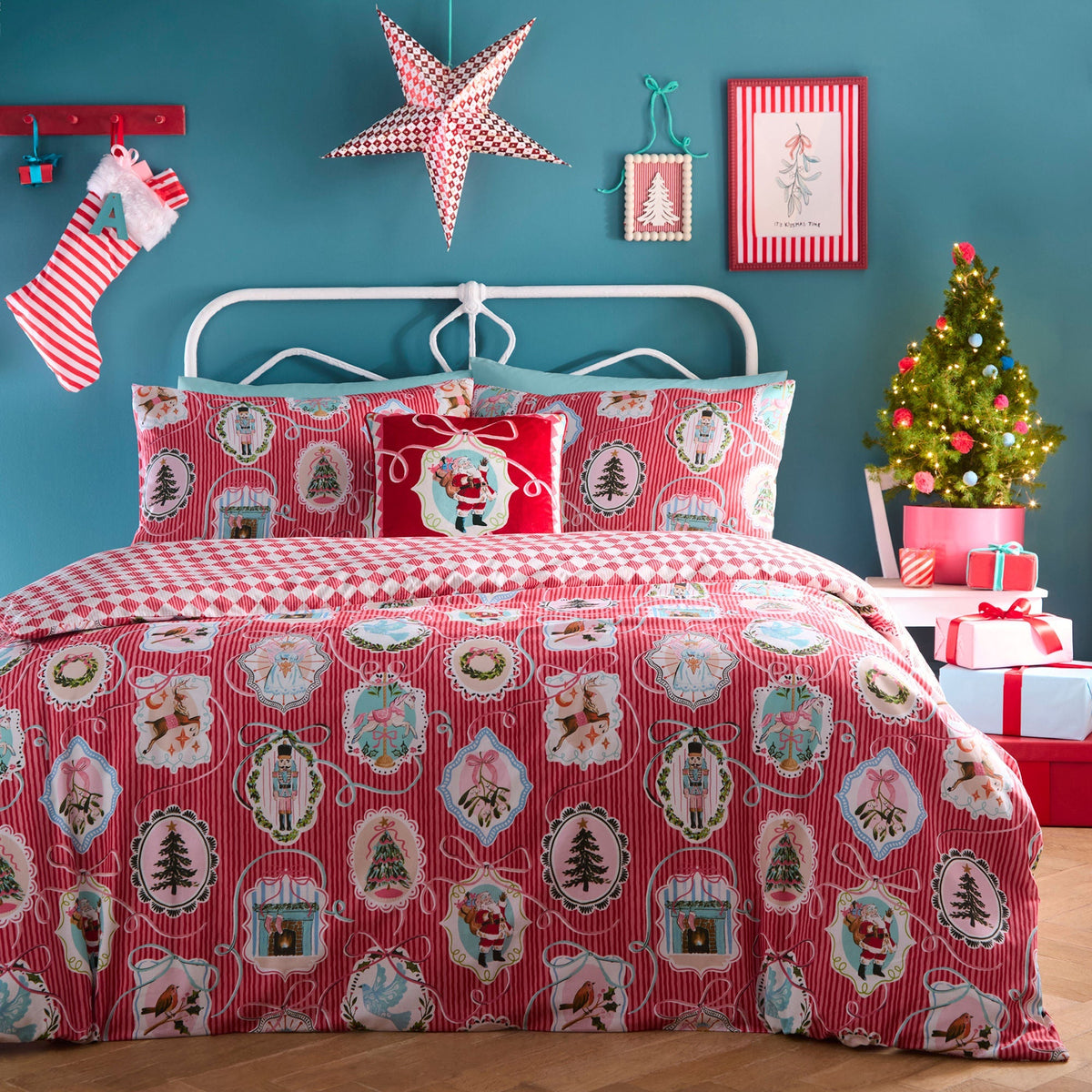 Christmas Vintage Frames Cushion in Red 43 x 43cm