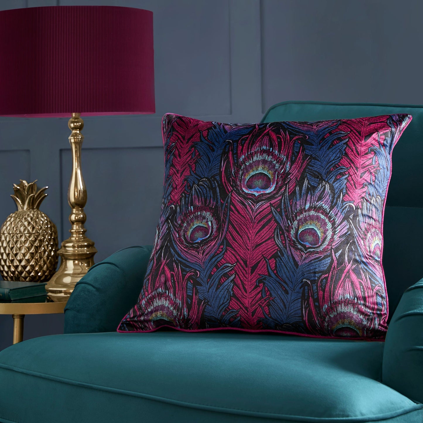 Dandy Peacock Cushion in Plum