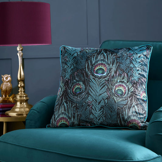 Dandy Peacock Cushion in Teal