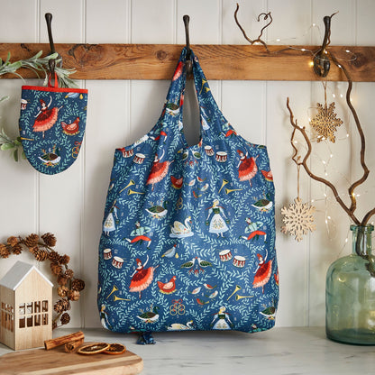 12 Days of Christmas Foldable Tote Bag Medium in Blue