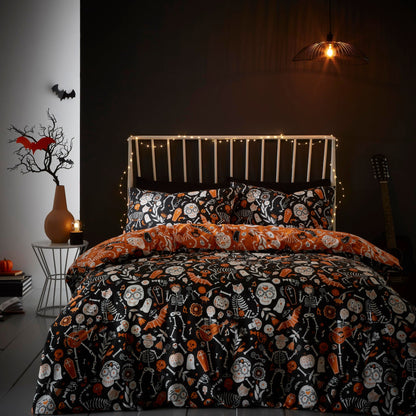 Halloween Day of the Dead Duvet Cover Set in Black/Orange