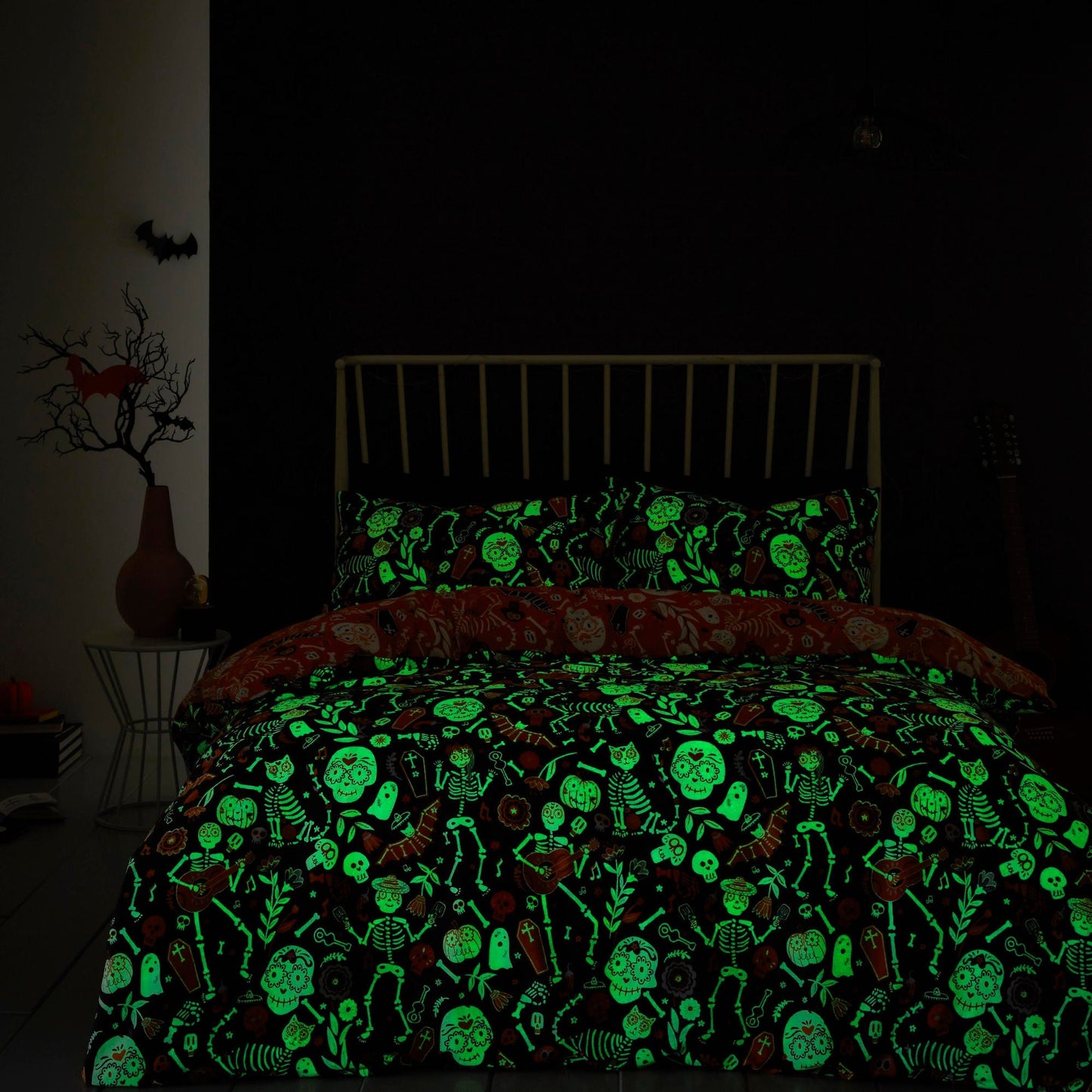 Halloween Day of the Dead Duvet Cover Set in Black/Orange