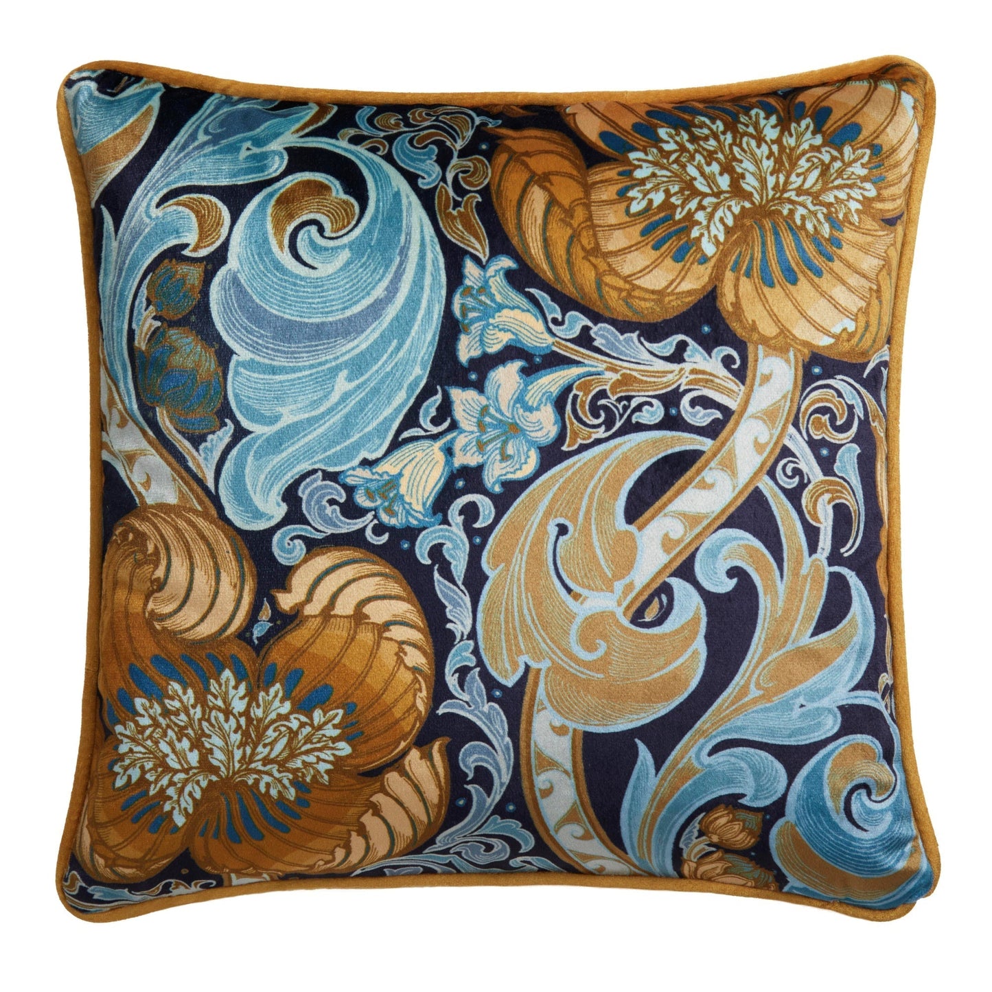 Down the Dilly Cushion in Ochre/Blue