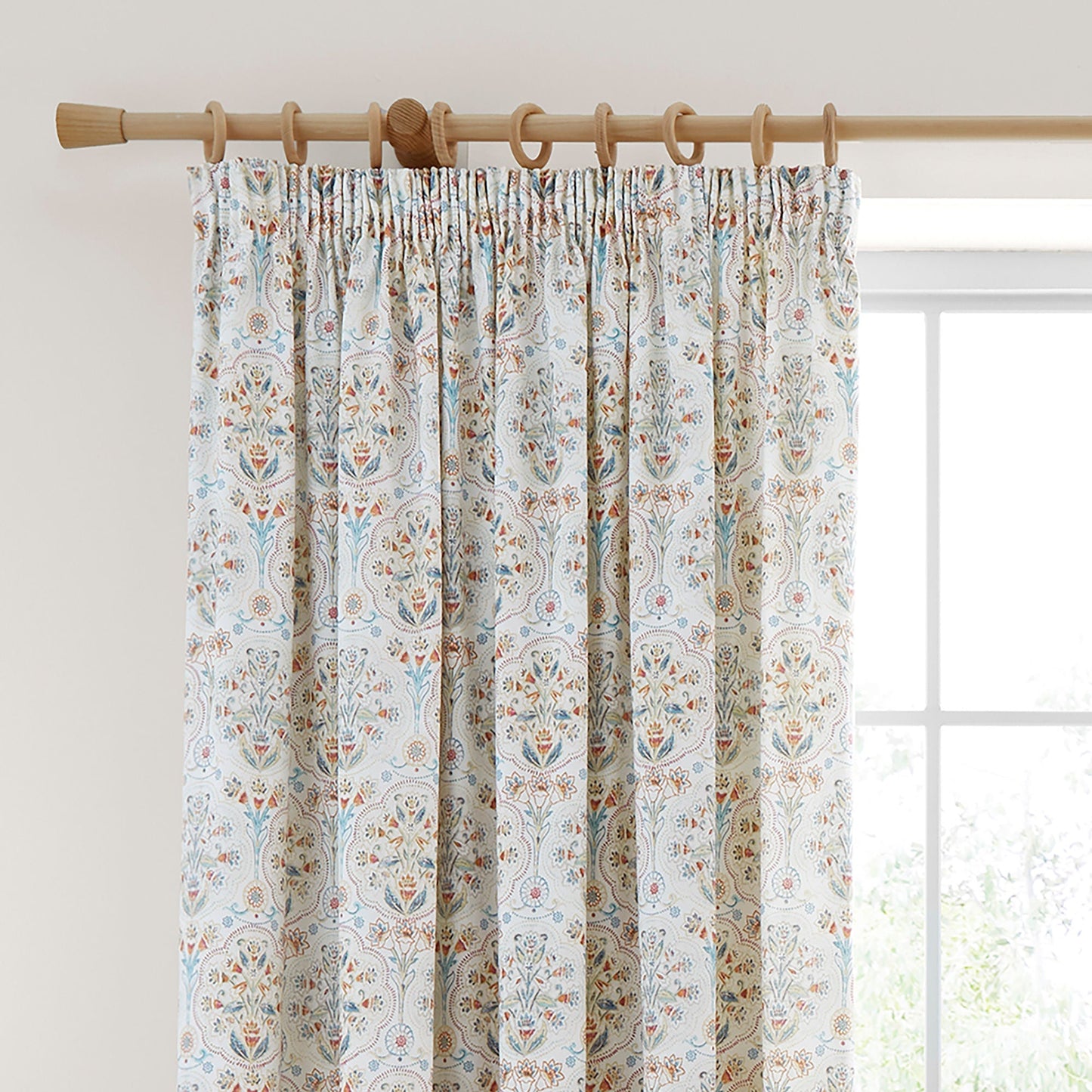 Edena Decorative Floral Pair of Pencil Pleat Curtains in Natural