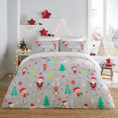 Elf & Santa Duvet Cover Set in Grey