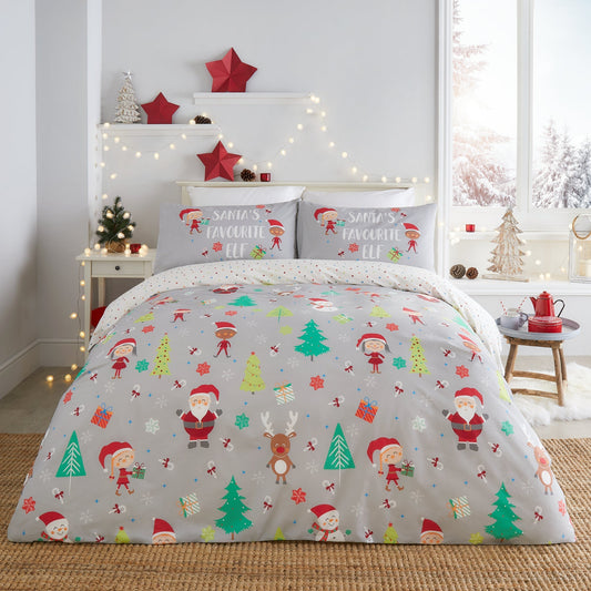 Elf & Santa Duvet Cover Set in Grey