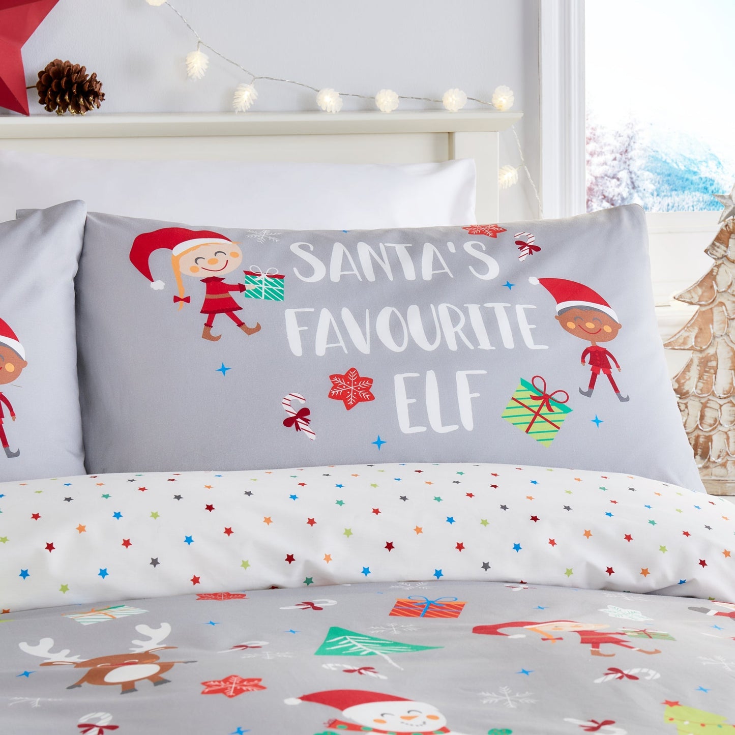 Elf & Santa Duvet Cover Set in Grey
