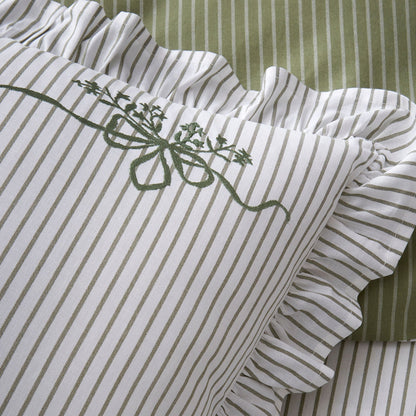 Frilled Embroidered Bow Stripe Duvet Cover Set in Green