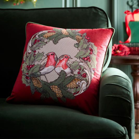 Festive Robin Cushion in Red