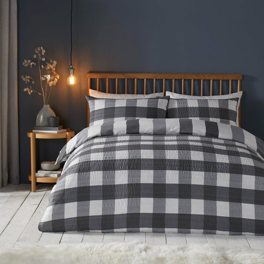 Seersucker Gingham Check Duvet Cover Set in Charcoal