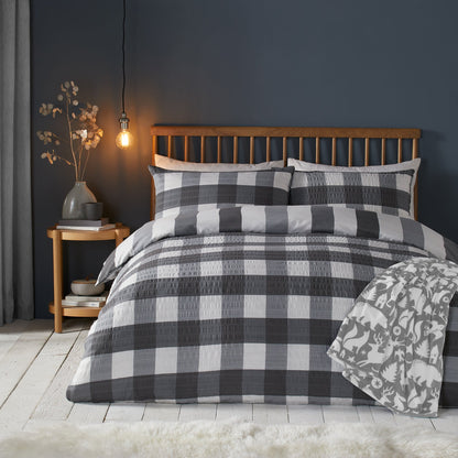 Seersucker Gingham Check Duvet Cover Set in Charcoal