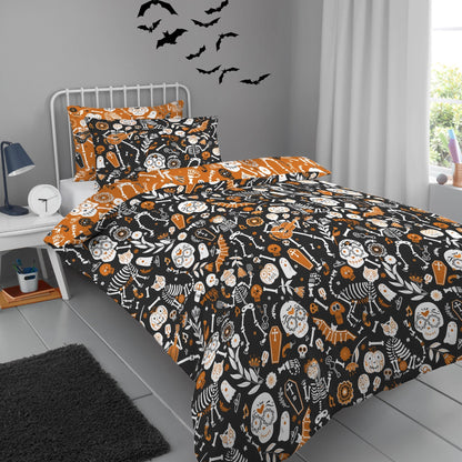 Halloween Day of the Dead Duvet Cover Set in Black/Orange