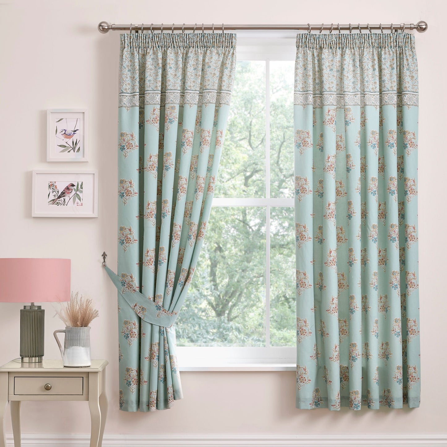 Lorena Patchwork Pencil Pleat Curtains in Duck Egg