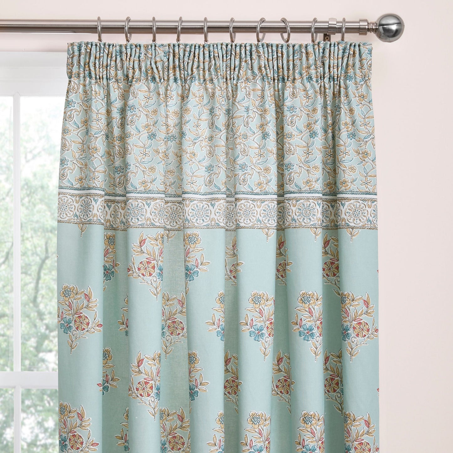 Lorena Patchwork Pencil Pleat Curtains in Duck Egg