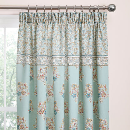 Lorena Patchwork Pencil Pleat Curtains in Duck Egg