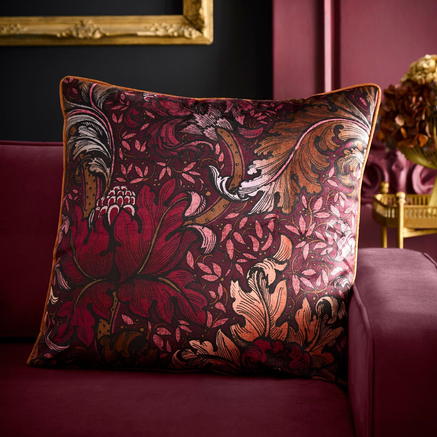Morris Major Chintz Cushion in Burgundy