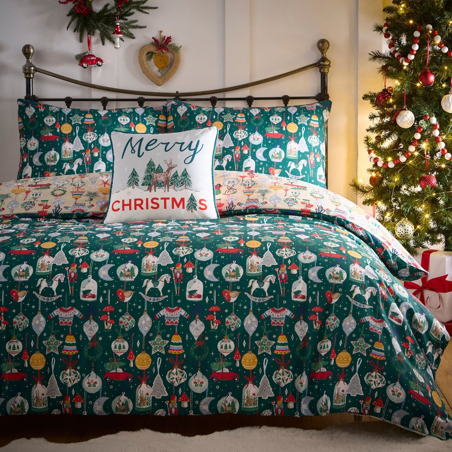 Merry Christmas Deer Cushion in Green