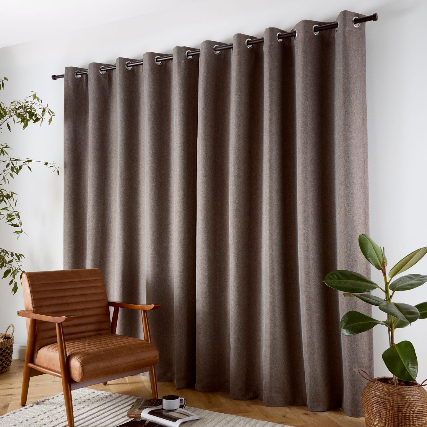 Plain Twill Pair of Eyelet Curtains in Chocolate