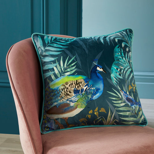 Peacock Jungle Cushion in Teal
