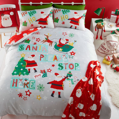 Santa Please Stop Here Christmas Duvet Cover Set in Grey